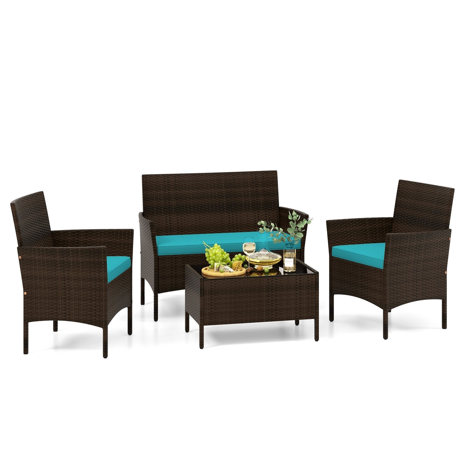 4 Piece Patio Rattan Conversation Set with Cozy Seat Cushions, Turquoise Patio Conversation Sets   at Gallery Canada