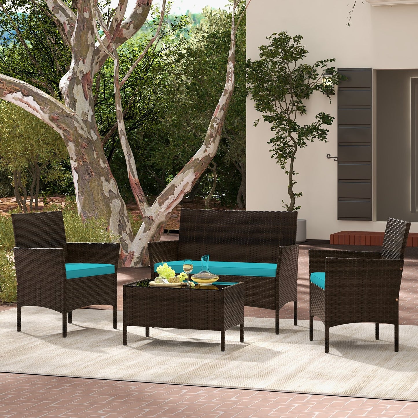 4 Piece Patio Rattan Conversation Set with Cozy Seat Cushions, Turquoise Patio Conversation Sets   at Gallery Canada