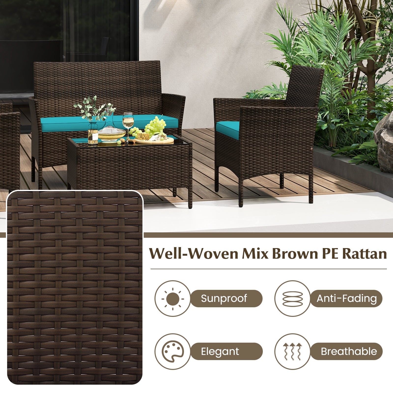 4 Piece Patio Rattan Conversation Set with Cozy Seat Cushions, Turquoise Patio Conversation Sets at Gallery Canada