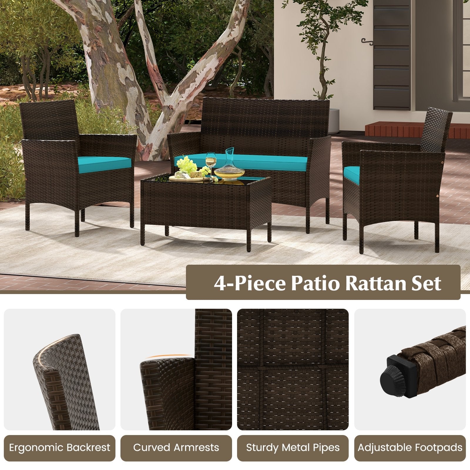 4 Piece Patio Rattan Conversation Set with Cozy Seat Cushions, Turquoise Patio Conversation Sets   at Gallery Canada