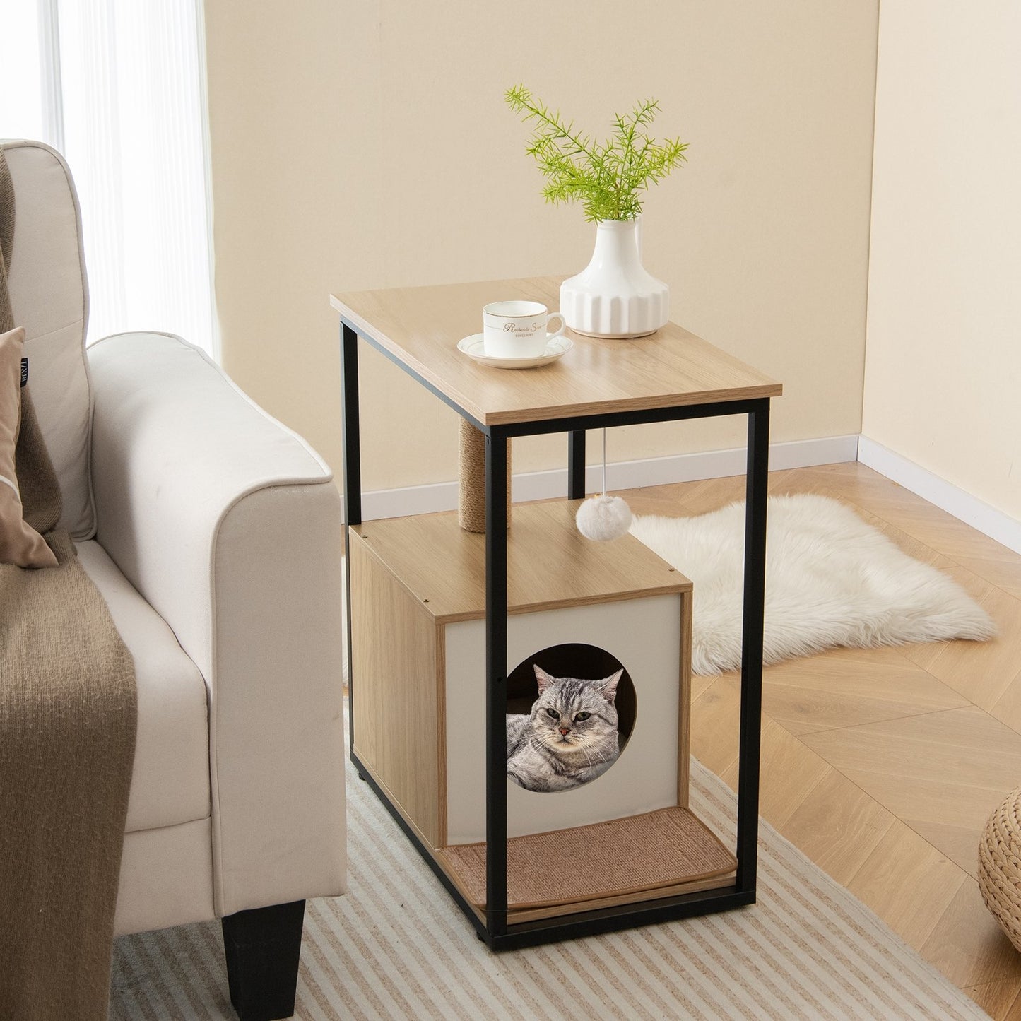 Cat Furniture End Table Cat House with Scratching Post, Natural Cat Houses   at Gallery Canada