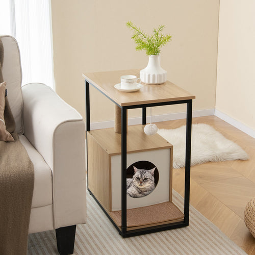 Cat Furniture End Table Cat House with Scratching Post, Natural