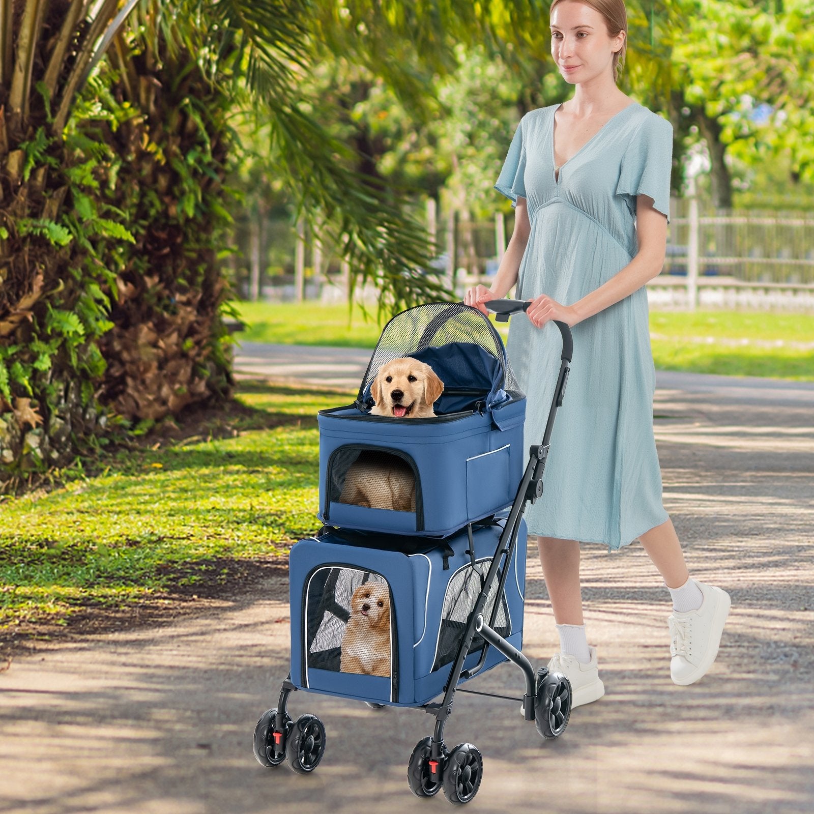 Double Pet Stroller Foldable 3-in-1 Dog Stroller with 2 Detachable Carriers, Blue Dog Supplies   at Gallery Canada