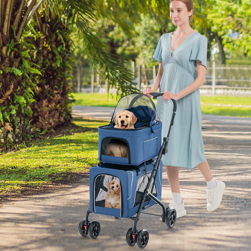 Double Pet Stroller Foldable 3-in-1 Dog Stroller with 2 Detachable Carriers, Blue