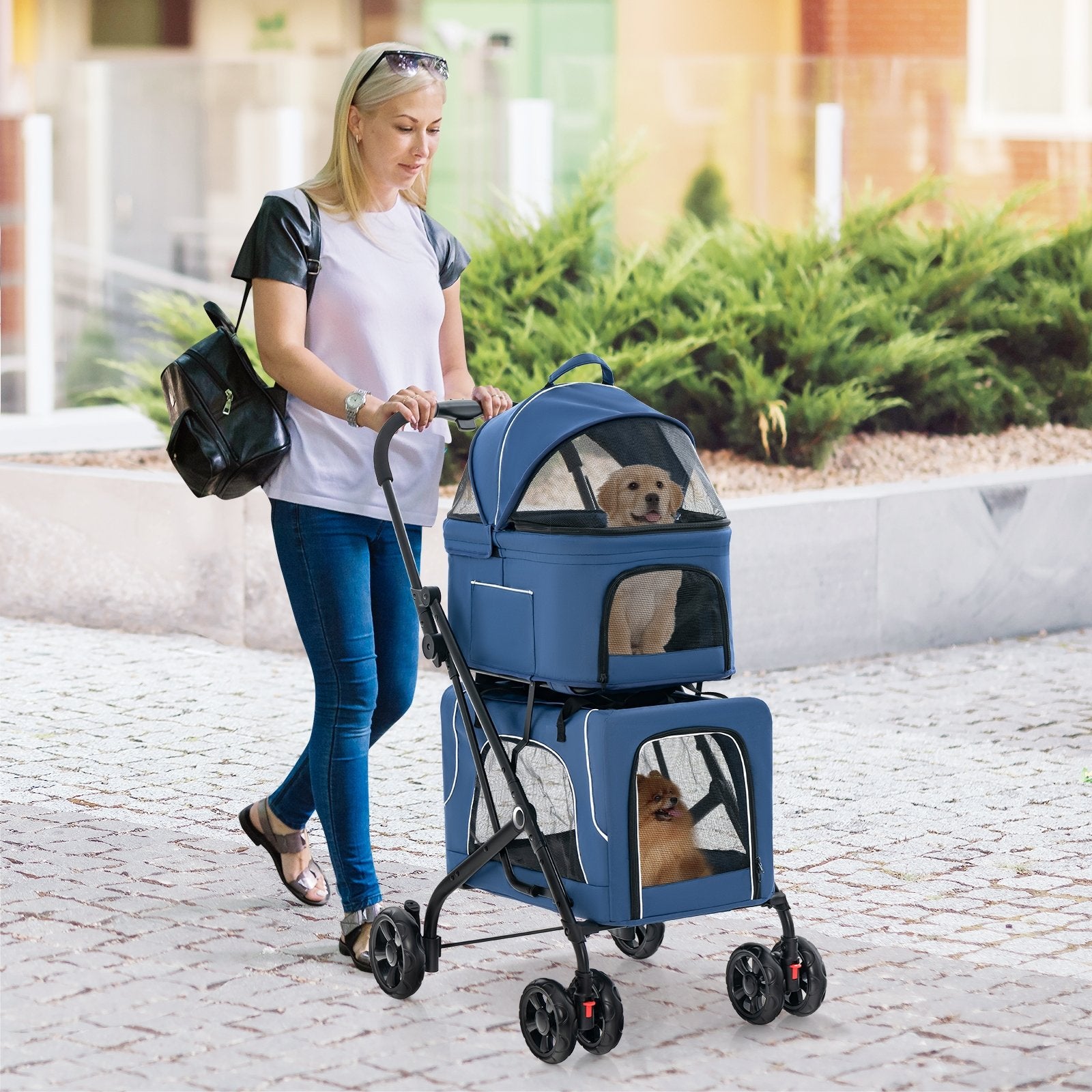 Double Pet Stroller Foldable 3-in-1 Dog Stroller with 2 Detachable Carriers, Blue Dog Supplies   at Gallery Canada