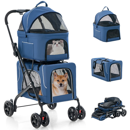 Double Pet Stroller Foldable 3-in-1 Dog Stroller with 2 Detachable Carriers, Blue - Gallery Canada