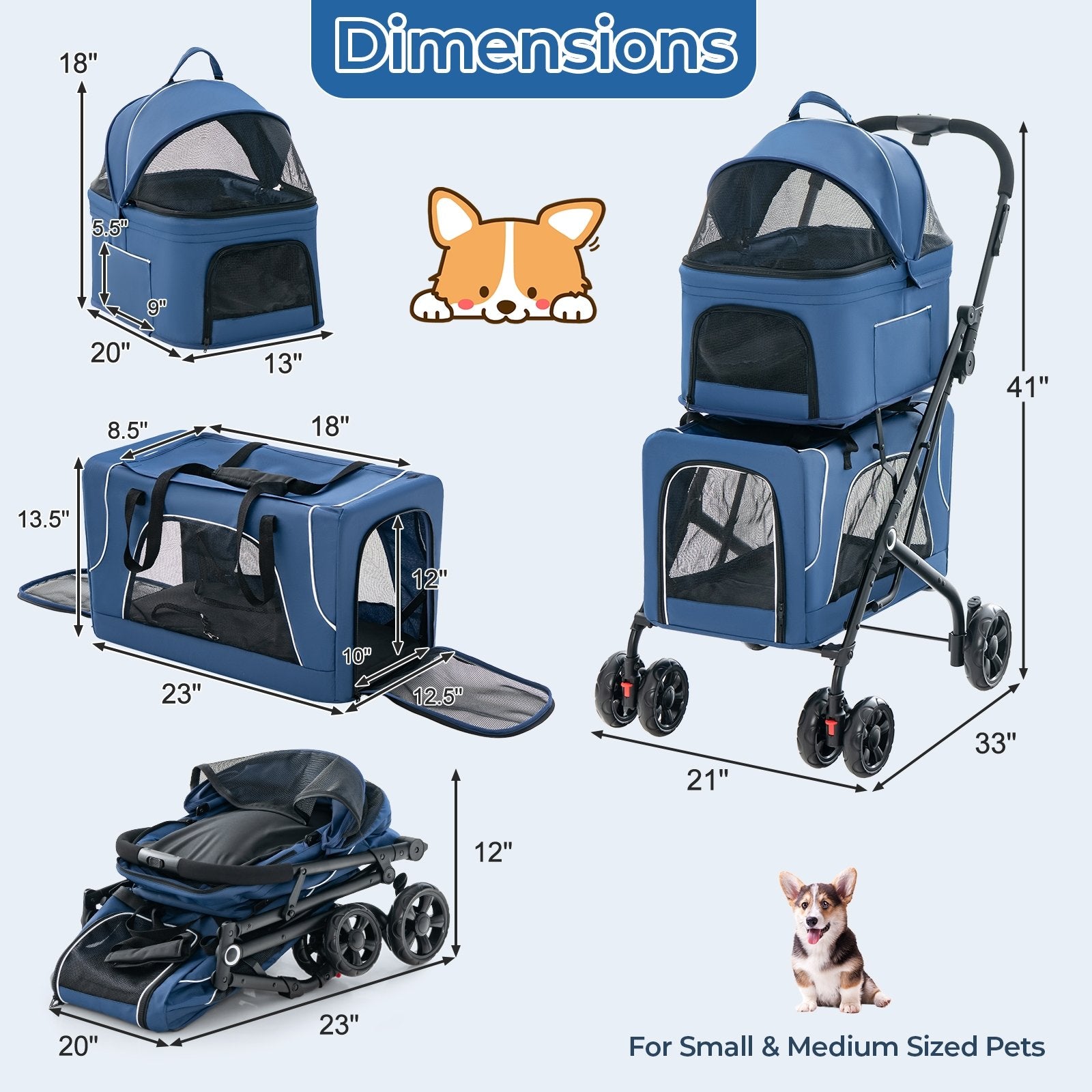 Double Pet Stroller Foldable 3-in-1 Dog Stroller with 2 Detachable Carriers, Blue Dog Supplies   at Gallery Canada