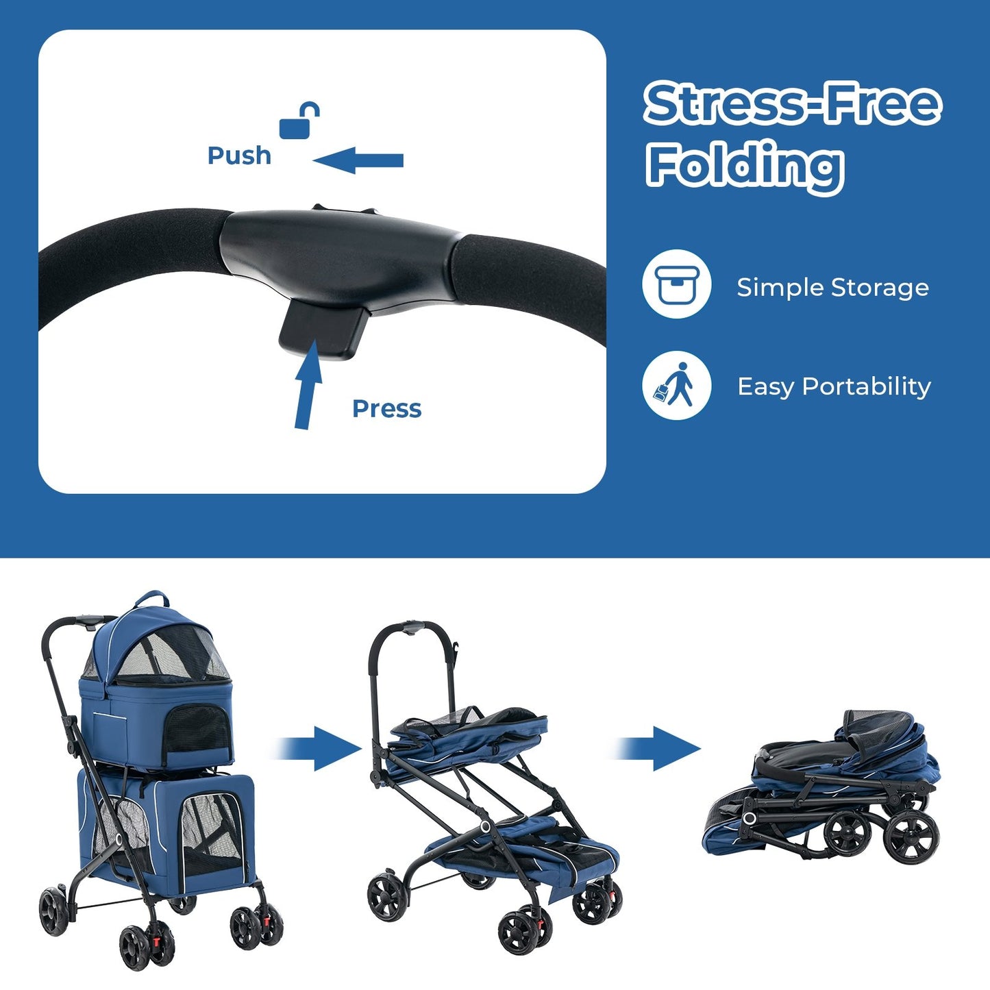 Double Pet Stroller Foldable 3-in-1 Dog Stroller with 2 Detachable Carriers, Blue Dog Supplies   at Gallery Canada