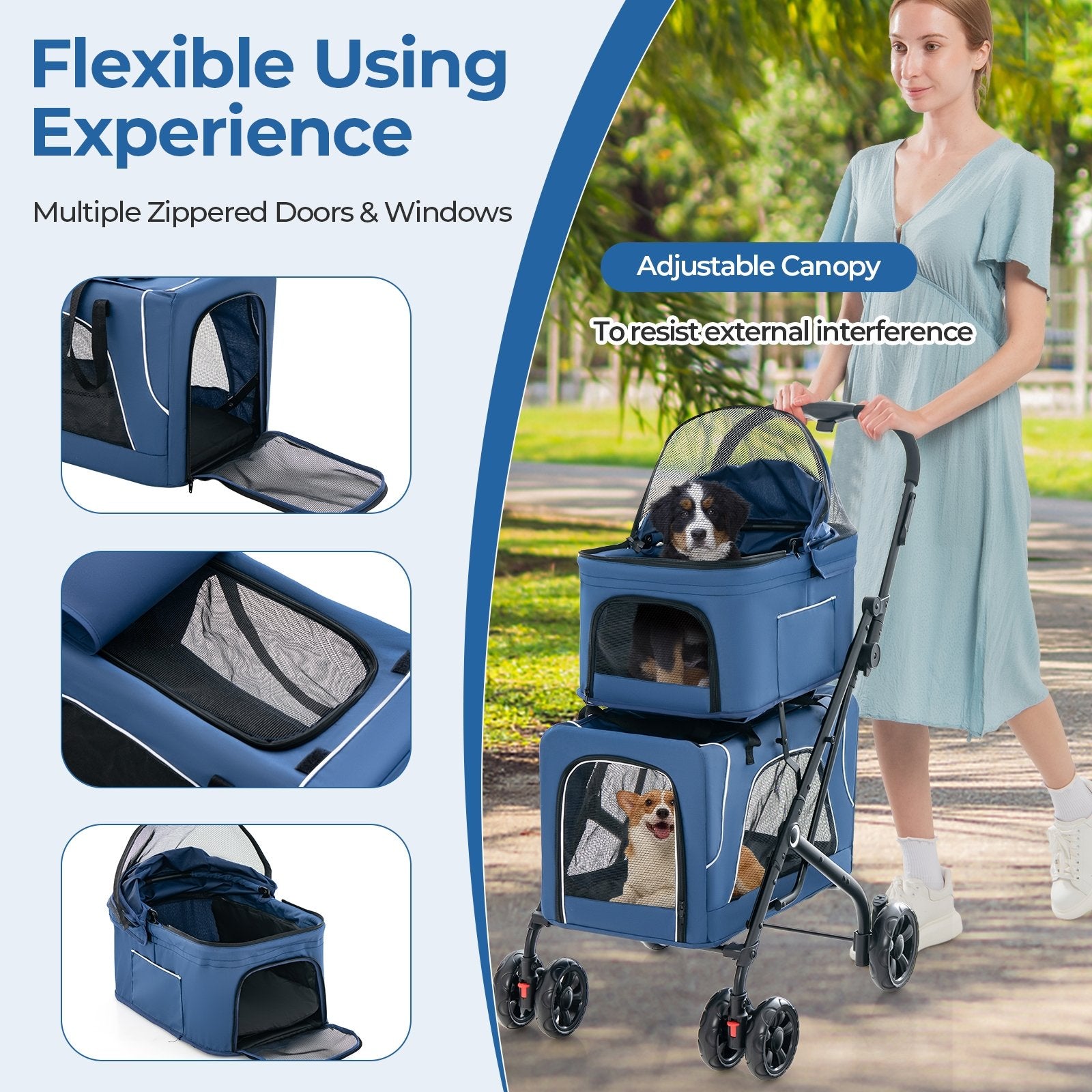 Double Pet Stroller Foldable 3-in-1 Dog Stroller with 2 Detachable Carriers, Blue Dog Supplies   at Gallery Canada