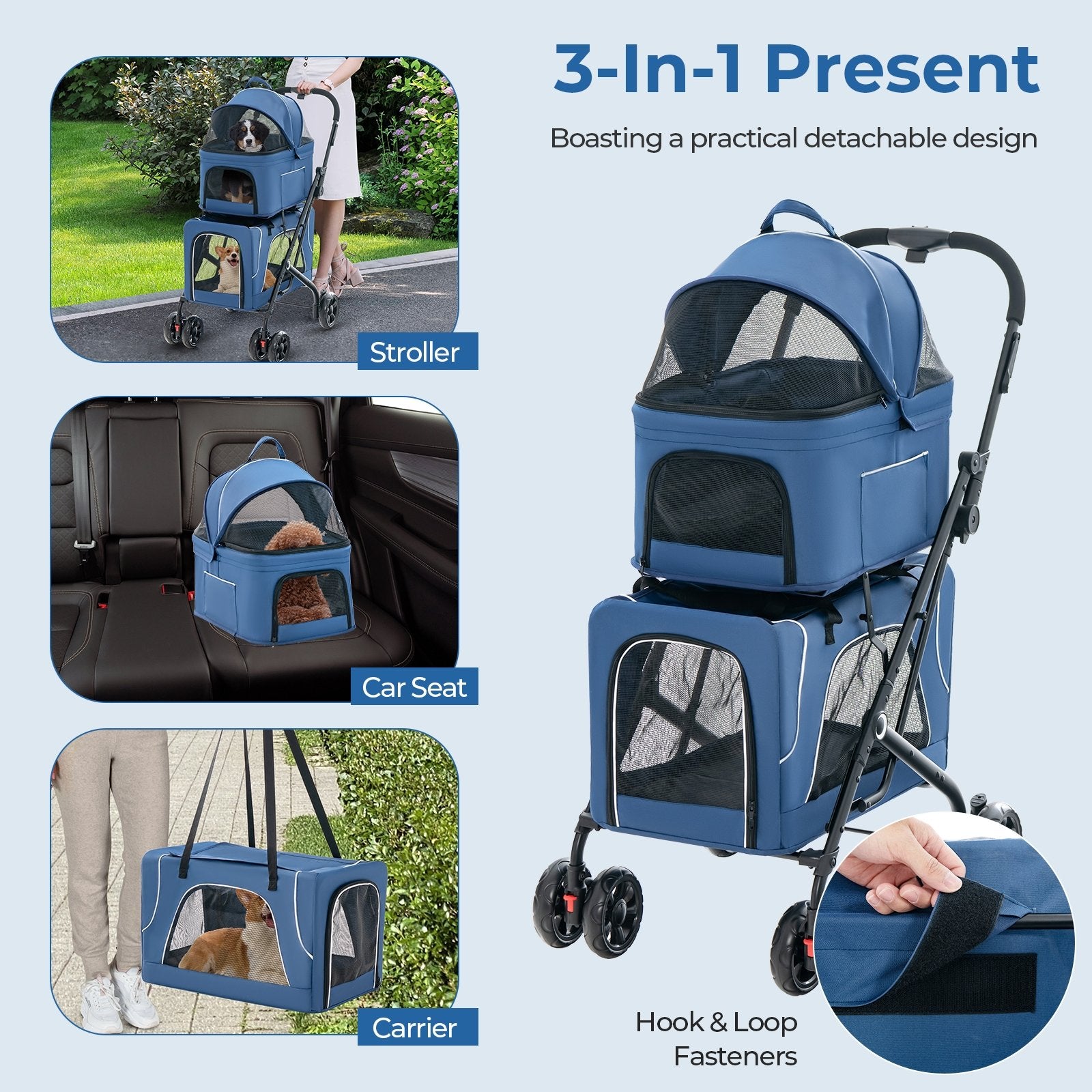 Double Pet Stroller Foldable 3-in-1 Dog Stroller with 2 Detachable Carriers, Blue Dog Supplies   at Gallery Canada