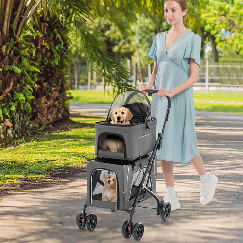Double Pet Stroller Foldable 3-in-1 Dog Stroller with 2 Detachable Carriers, Gray