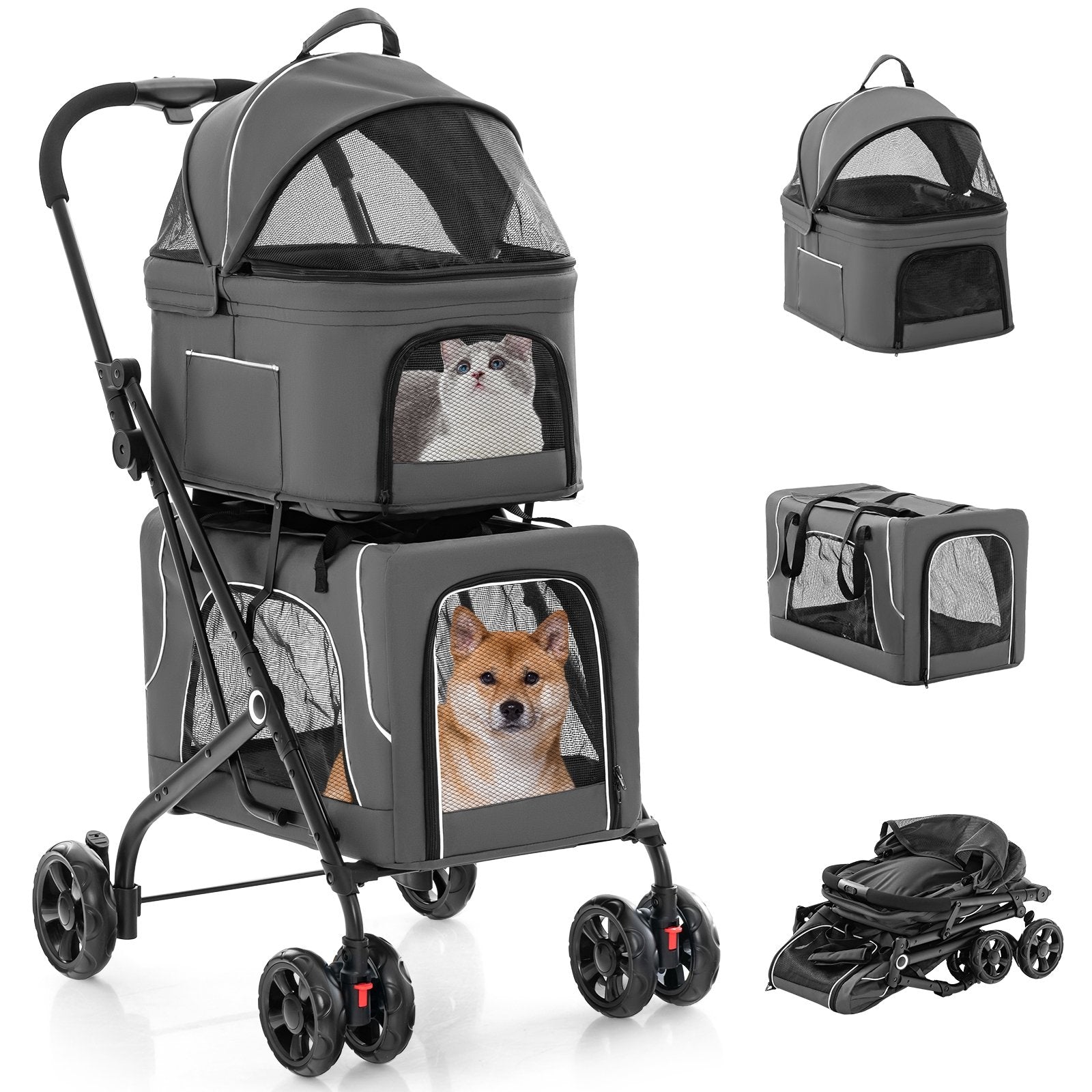 Double Pet Stroller Foldable 3-in-1 Dog Stroller with 2 Detachable Carriers, Gray Dog Supplies Gray at Gallery Canada