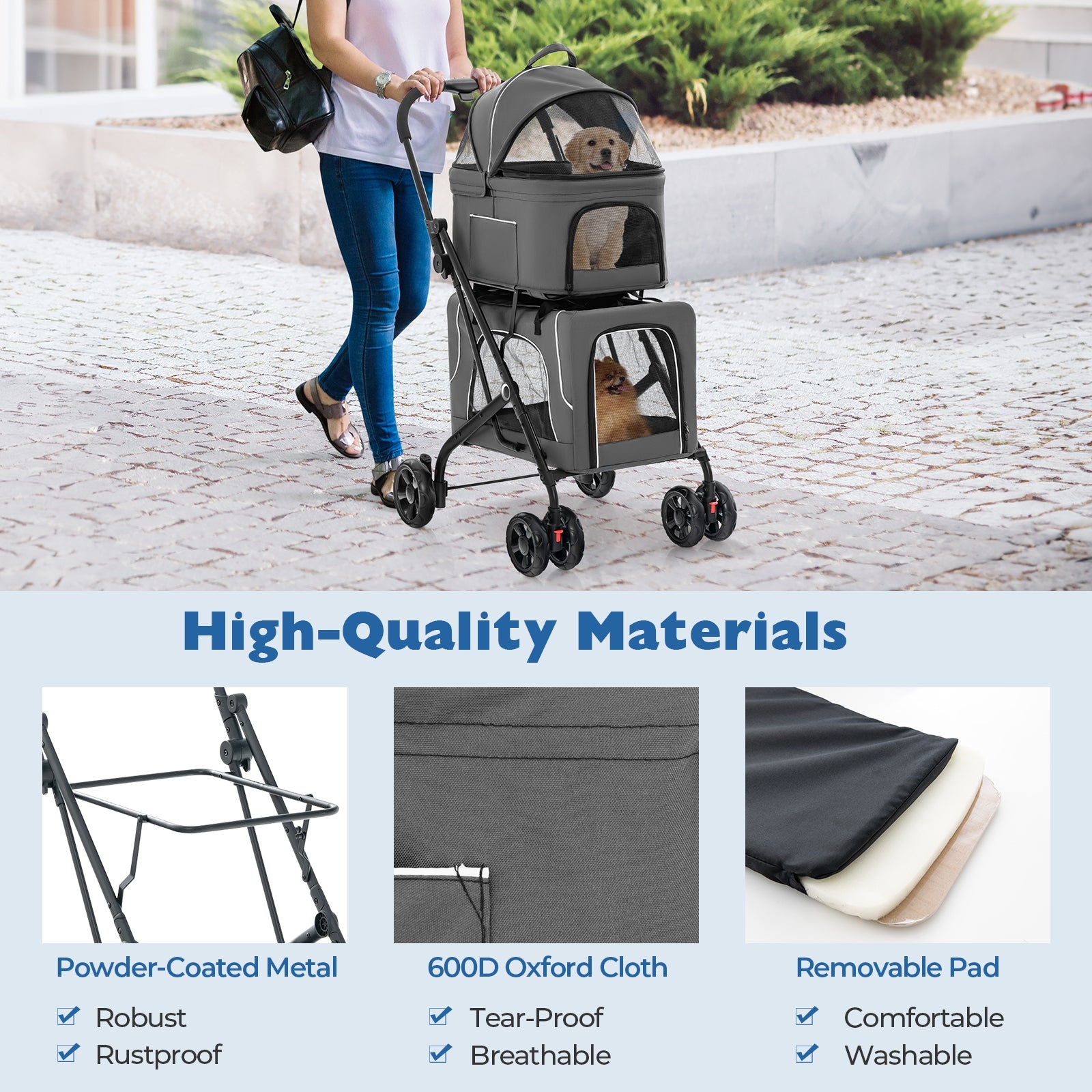 Double Pet Stroller Foldable 3-in-1 Dog Stroller with 2 Detachable Carriers, Gray Dog Supplies at Gallery Canada