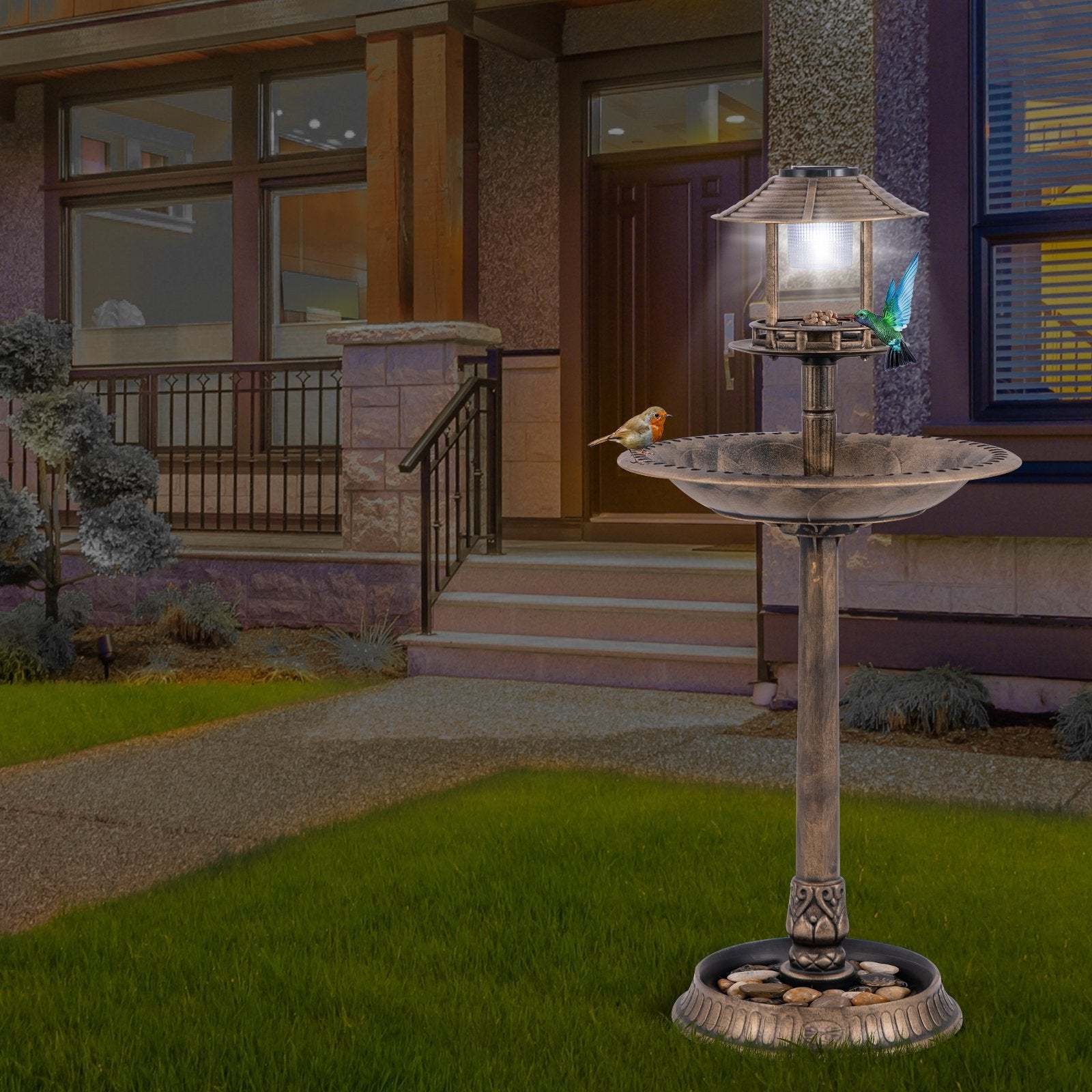 Pedestal Bird Bath with Solar Light with Bird Feeder and Flower Planter, Bronze Chicken Coops   at Gallery Canada