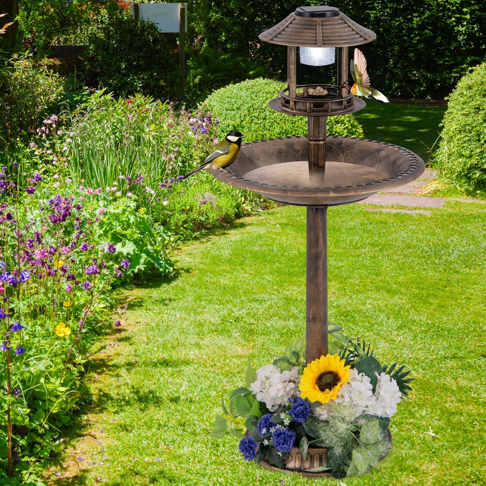 Pedestal Bird Bath with Solar Light with Bird Feeder and Flower Planter, Bronze Chicken Coops   at Gallery Canada