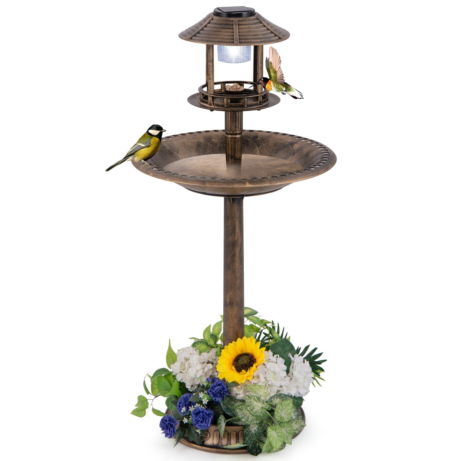 Pedestal Bird Bath with Solar Light with Bird Feeder and Flower Planter, Bronze Chicken Coops   at Gallery Canada