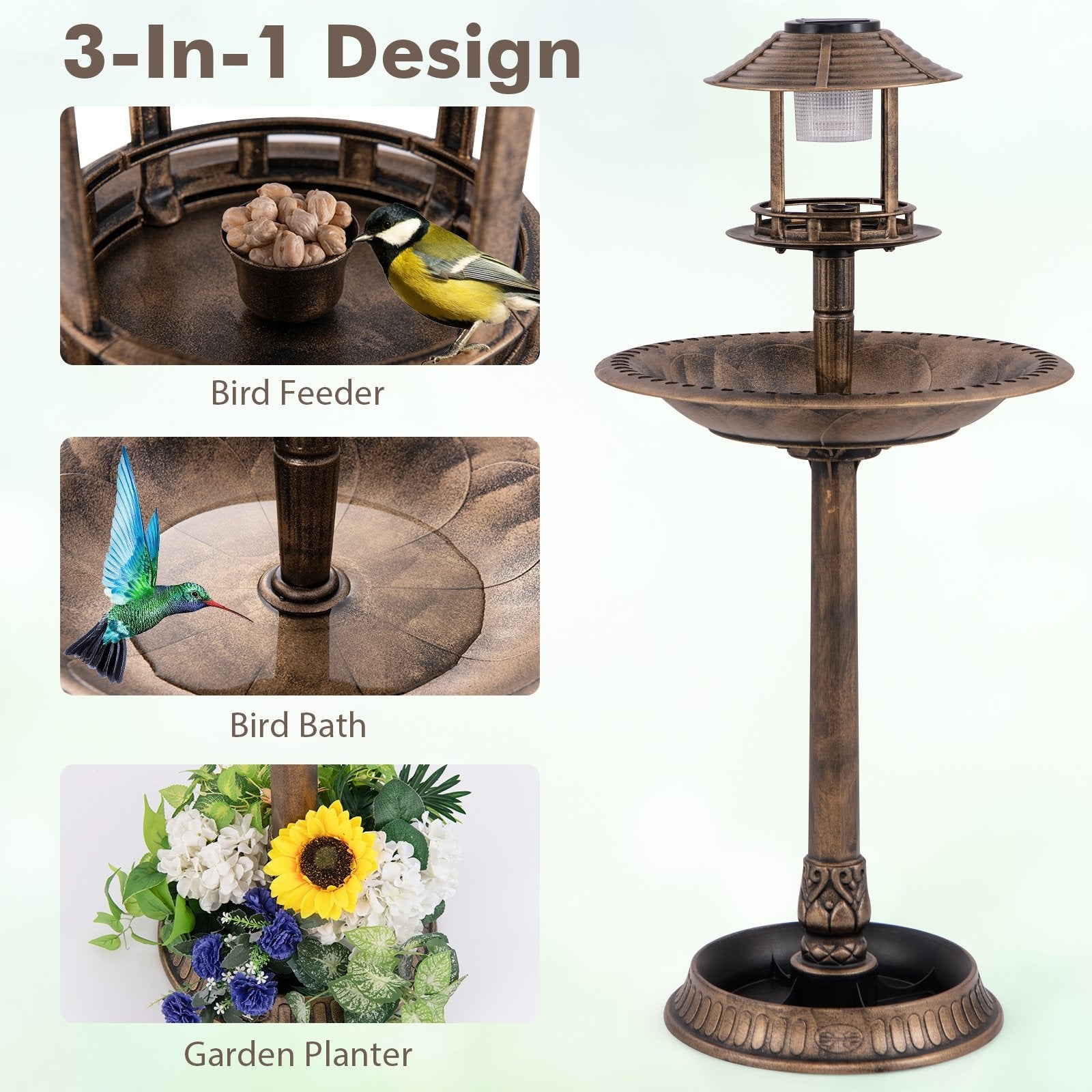 Pedestal Bird Bath with Solar Light with Bird Feeder and Flower Planter, Bronze Chicken Coops   at Gallery Canada