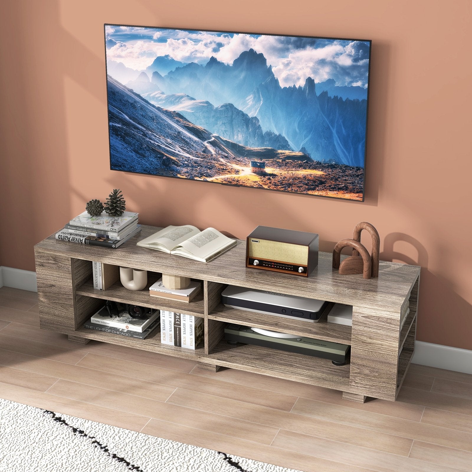 Wooden TV Stand with 8 Open Shelves for TVs up to 65 Inch Flat Screen, Light Gray Entertainment Centers & TV Stands   at Gallery Canada