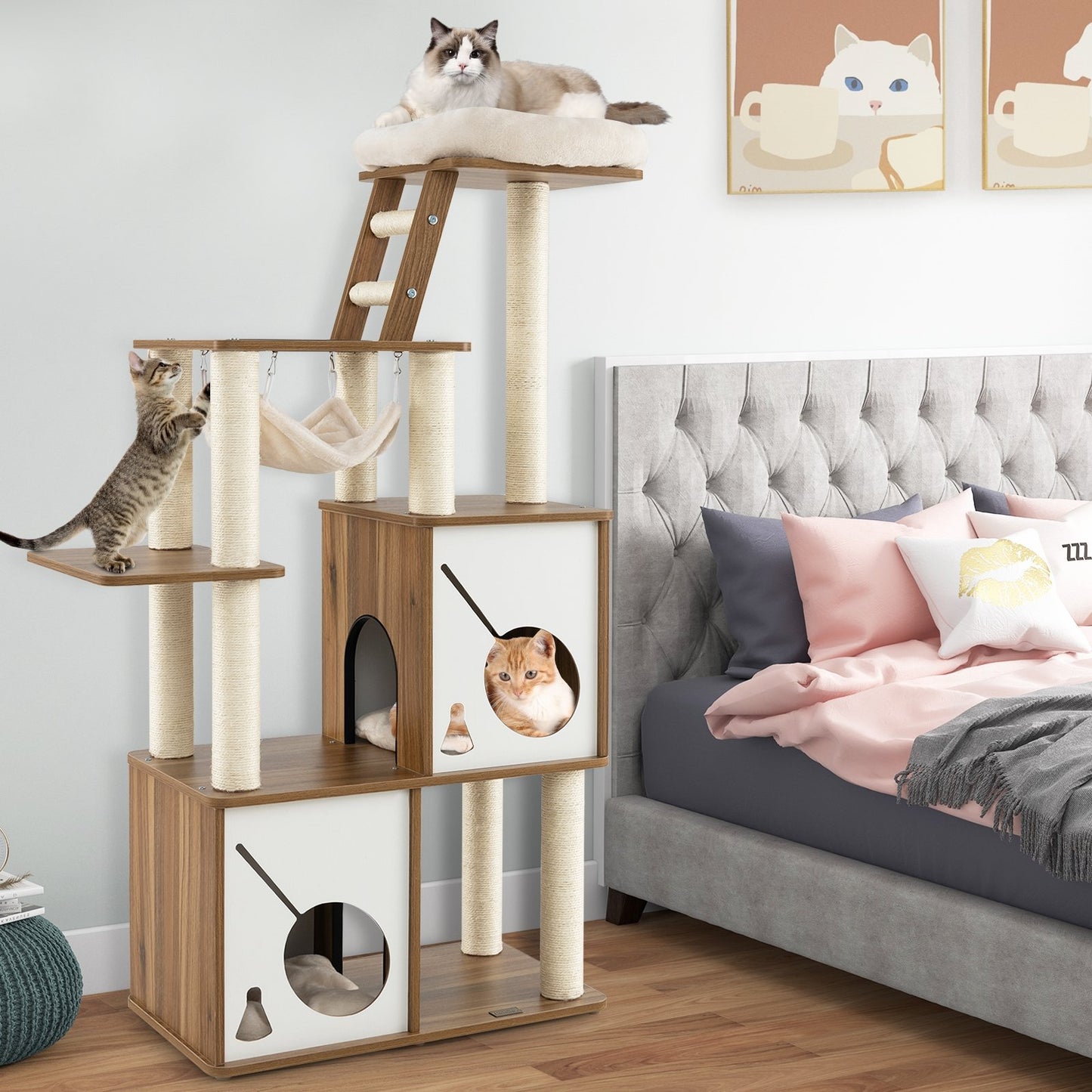 57" Cat Tree Tower Multi-Level Activity Center with Scratching Posts, Natural Cat Trees Condos & Scratchers   at Gallery Canada