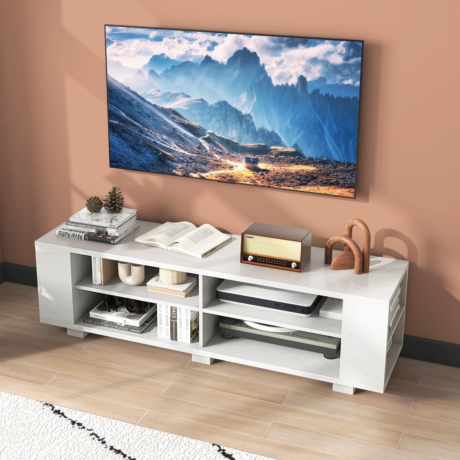 Wooden TV Stand with 8 Open Shelves for TVs up to 65 Inch Flat Screen, White Entertainment Centers & TV Stands   at Gallery Canada