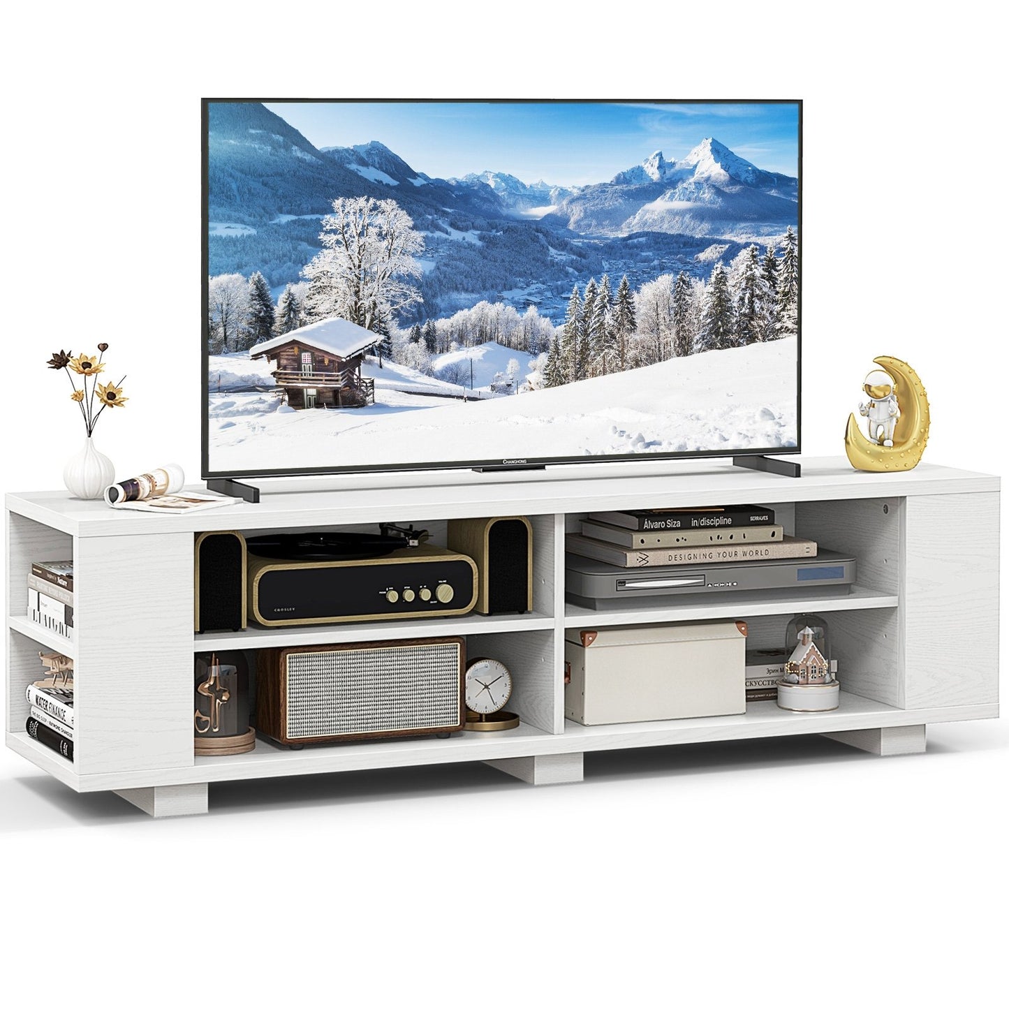 Wooden TV Stand with 8 Open Shelves for TVs up to 65 Inch Flat Screen, White Entertainment Centers & TV Stands   at Gallery Canada