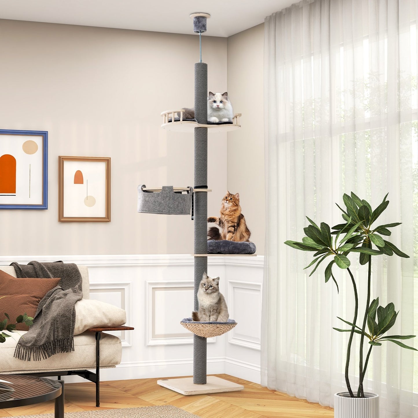 Floor to Ceiling Cat Tree with 93"-107" Adjustable Height, Gray Cat Trees Condos & Scratchers   at Gallery Canada