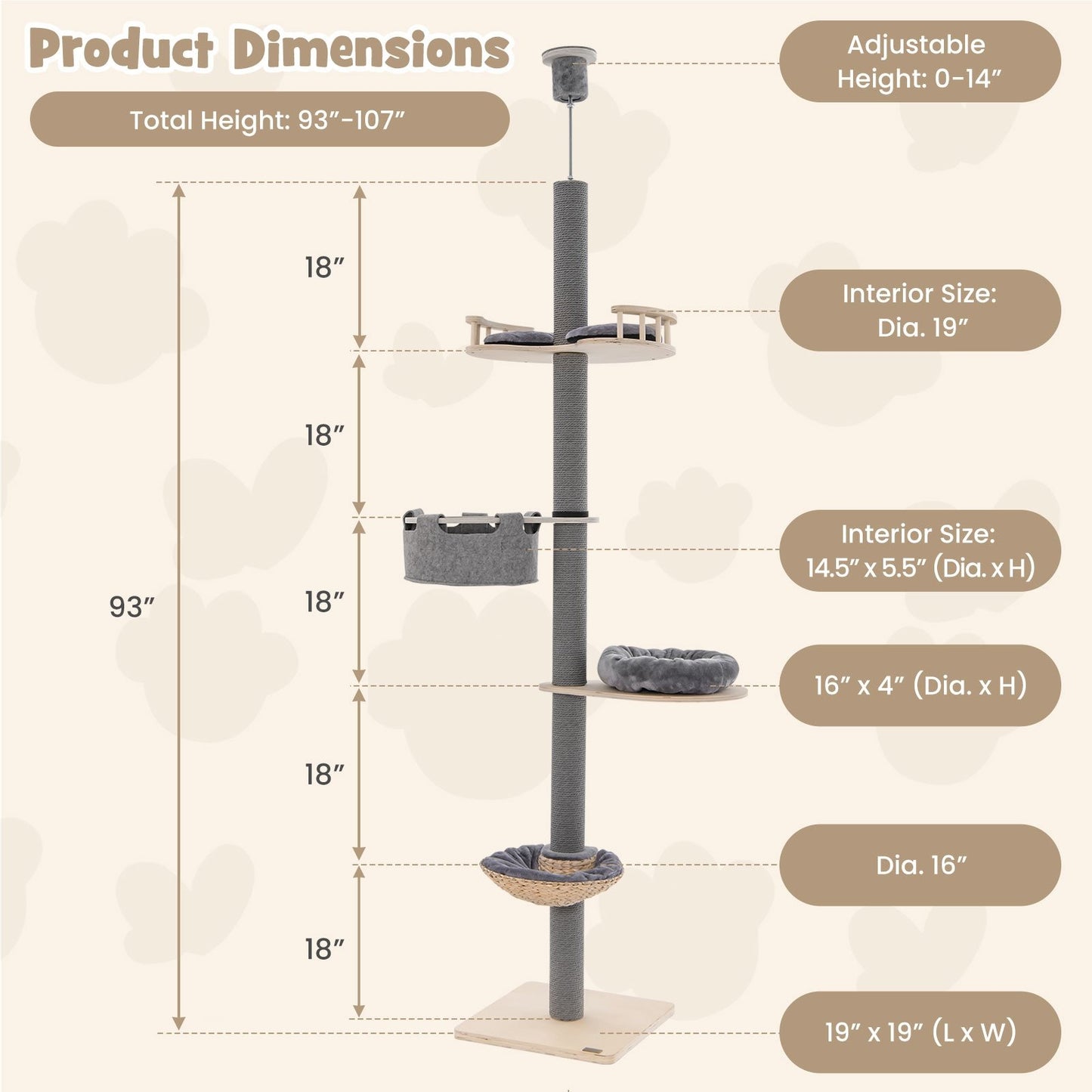 Floor to Ceiling Cat Tree with 93"-107" Adjustable Height, Gray Cat Trees Condos & Scratchers   at Gallery Canada