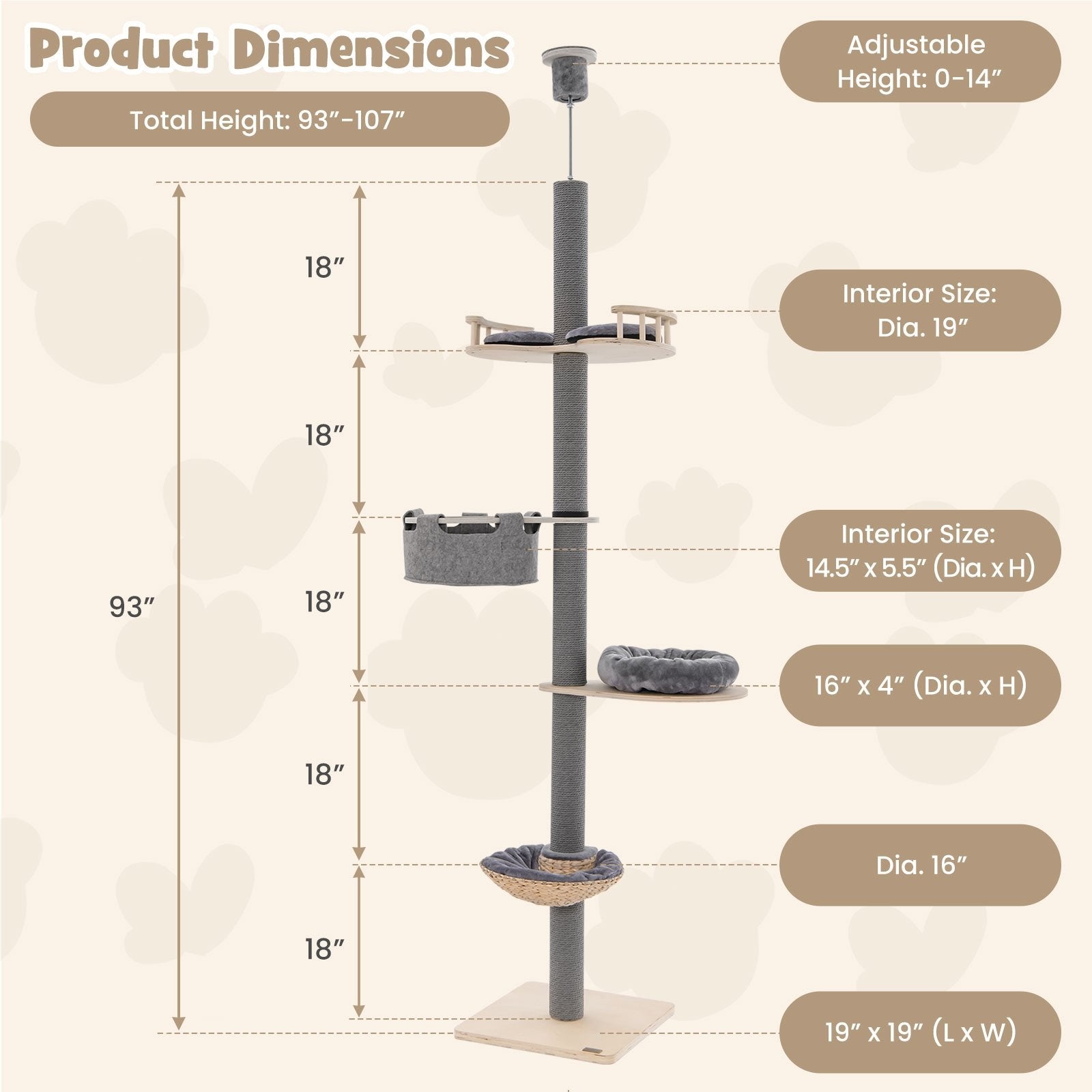 Floor to Ceiling Cat Tree with 93"-107" Adjustable Height, Gray Cat Trees Condos & Scratchers   at Gallery Canada