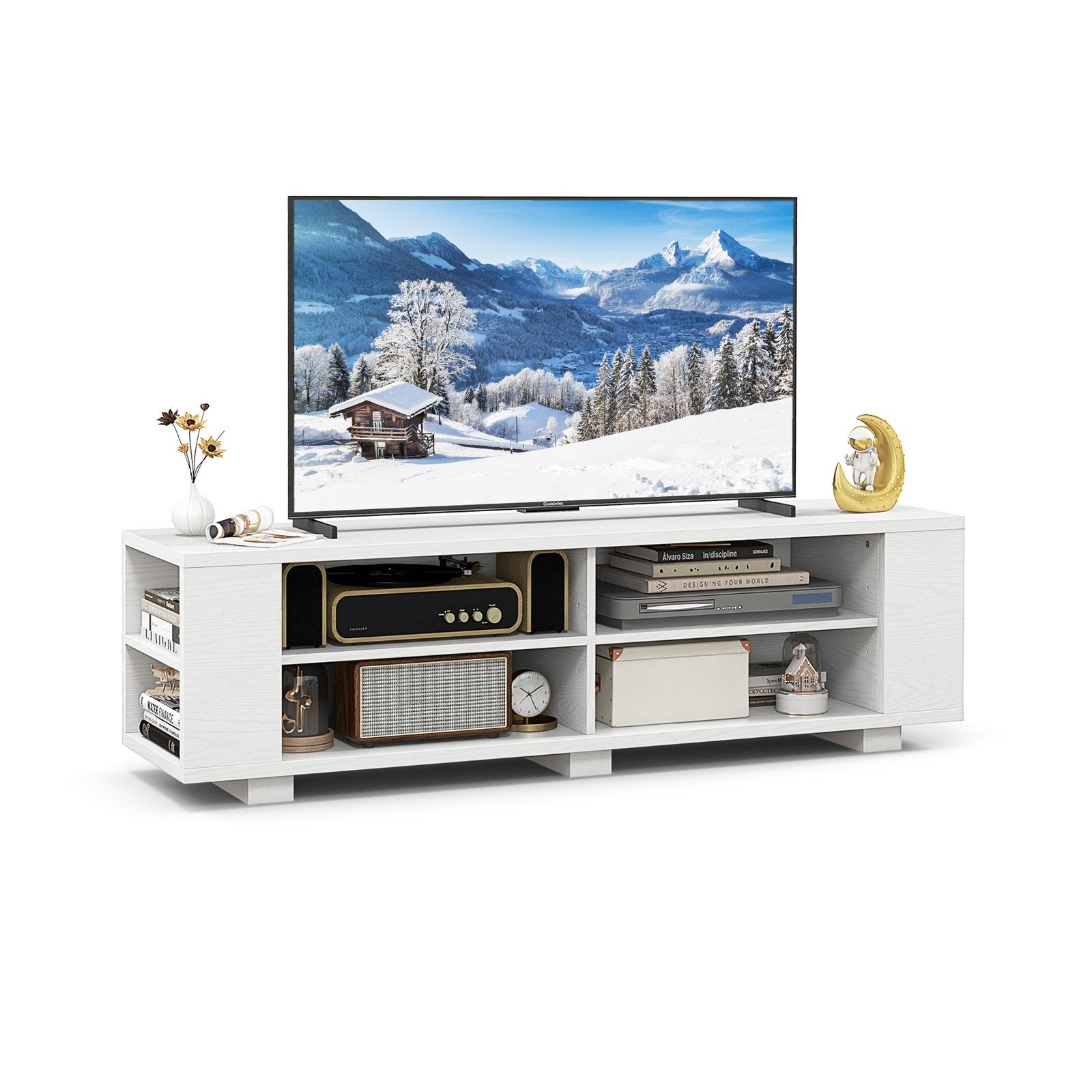 Wooden TV Stand with 8 Open Shelves for TVs up to 65 Inch Flat Screen, White Entertainment Centers & TV Stands   at Gallery Canada