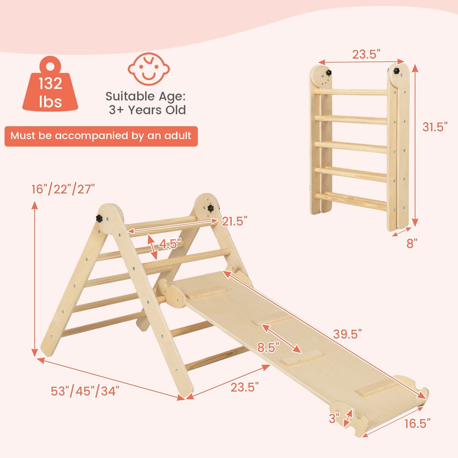 3-in-1 Triangular Climbing Toys for Toddlers, Natural Climbers & Slides   at Gallery Canada