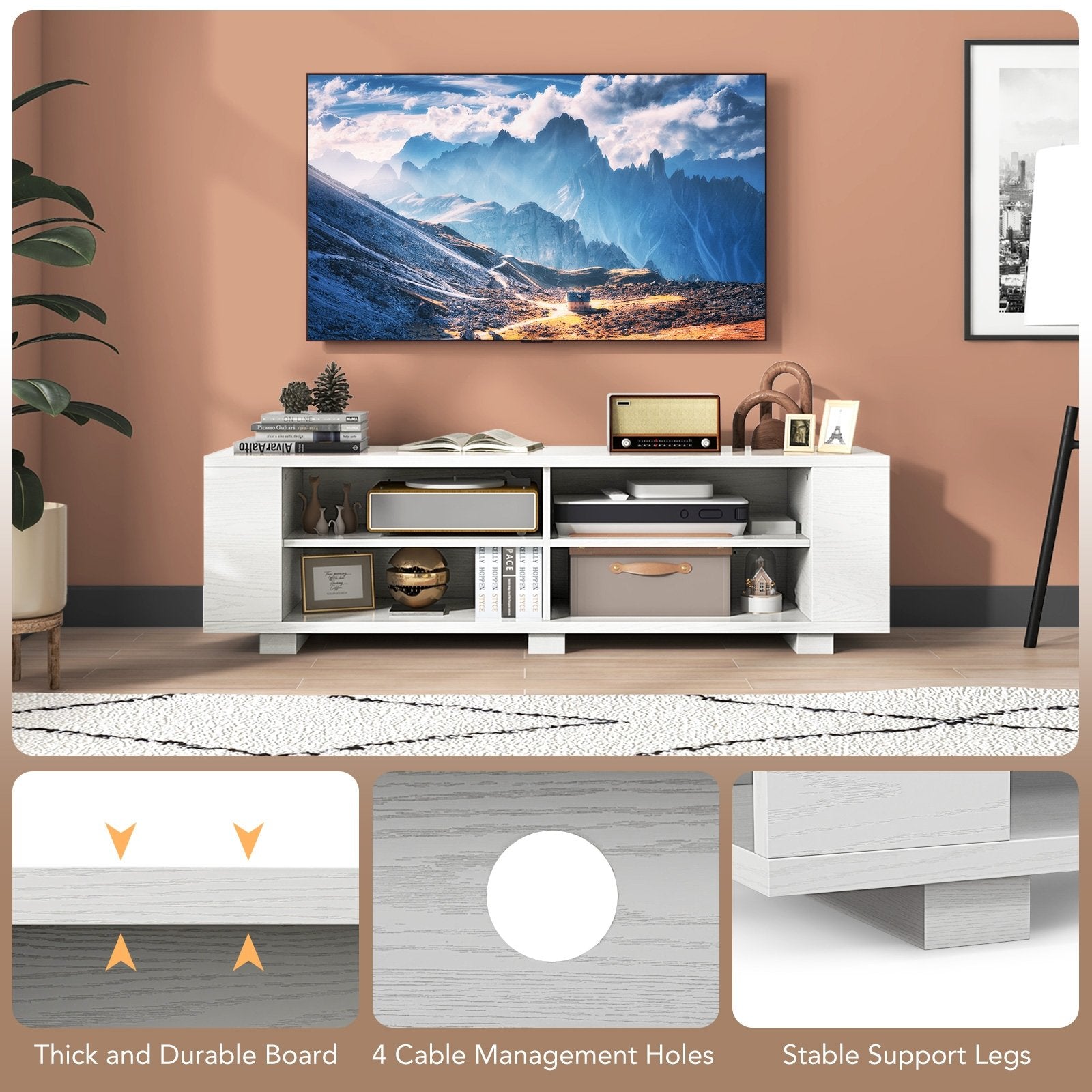 Wooden TV Stand with 8 Open Shelves for TVs up to 65 Inch Flat Screen, White Entertainment Centers & TV Stands   at Gallery Canada