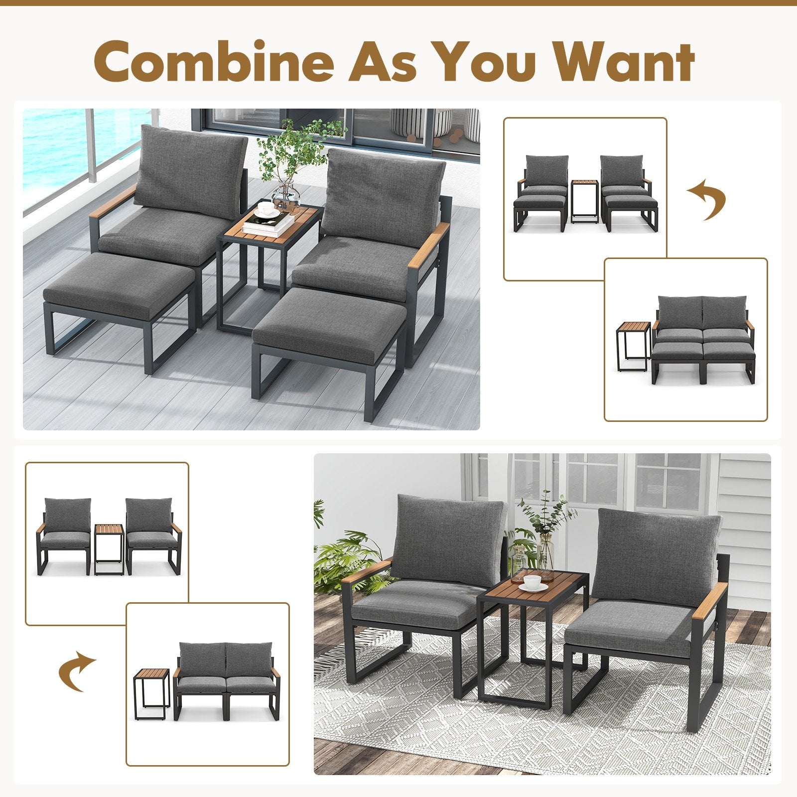 5 Pieces Aluminum Frame Weatherproof Outdoor Conversation Set with Soft Cushions, Gray Patio Conversation Sets   at Gallery Canada