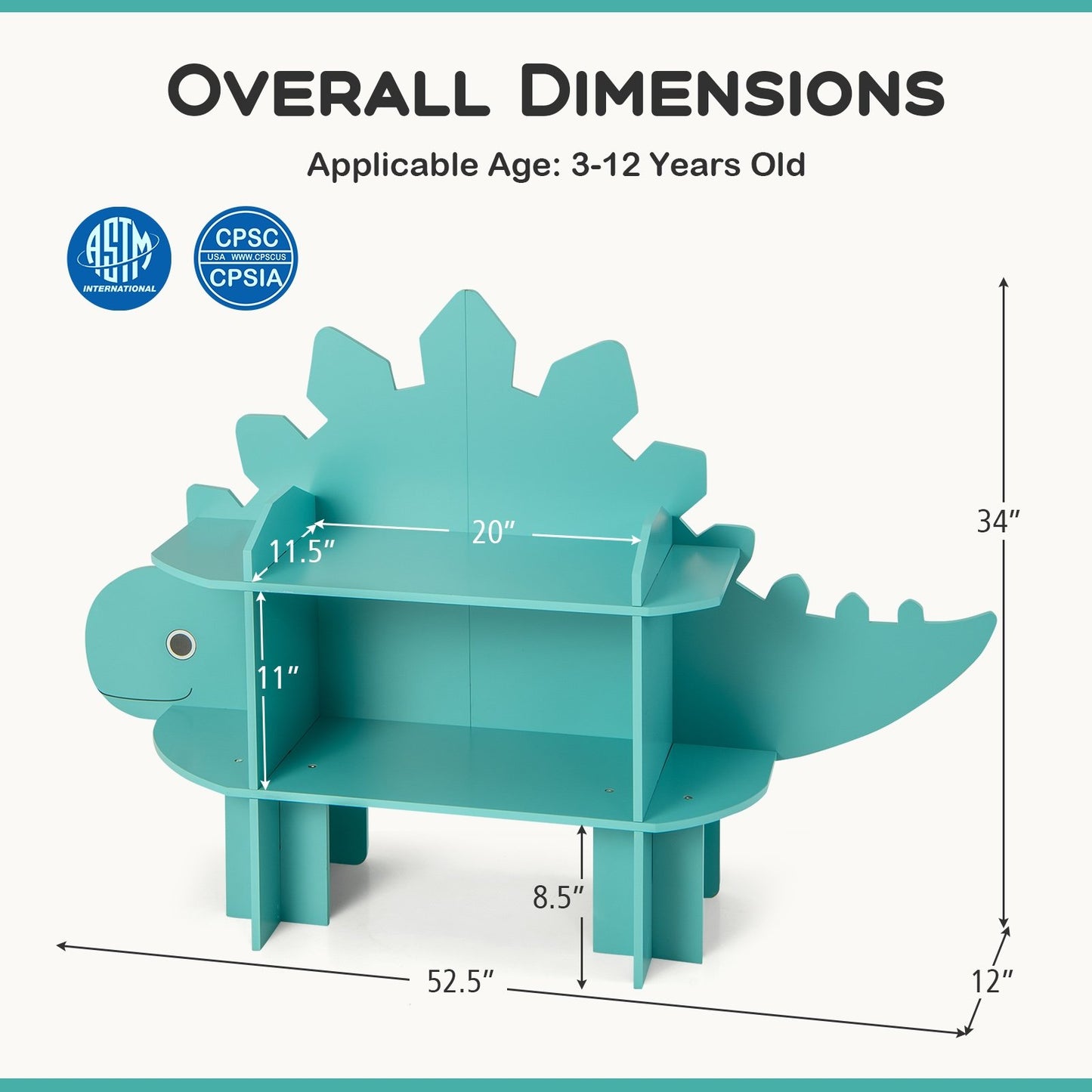 Kids Bookcase Shelf Toy Storage Organizer with Open Storage Shelves-Dinosaur, Green Kids Storage   at Gallery Canada