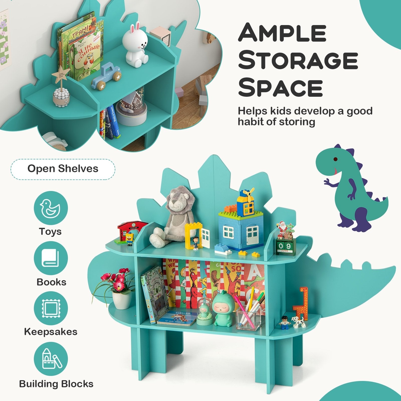 Kids Bookcase Shelf Toy Storage Organizer with Open Storage Shelves-Dinosaur, Green Kids Storage   at Gallery Canada