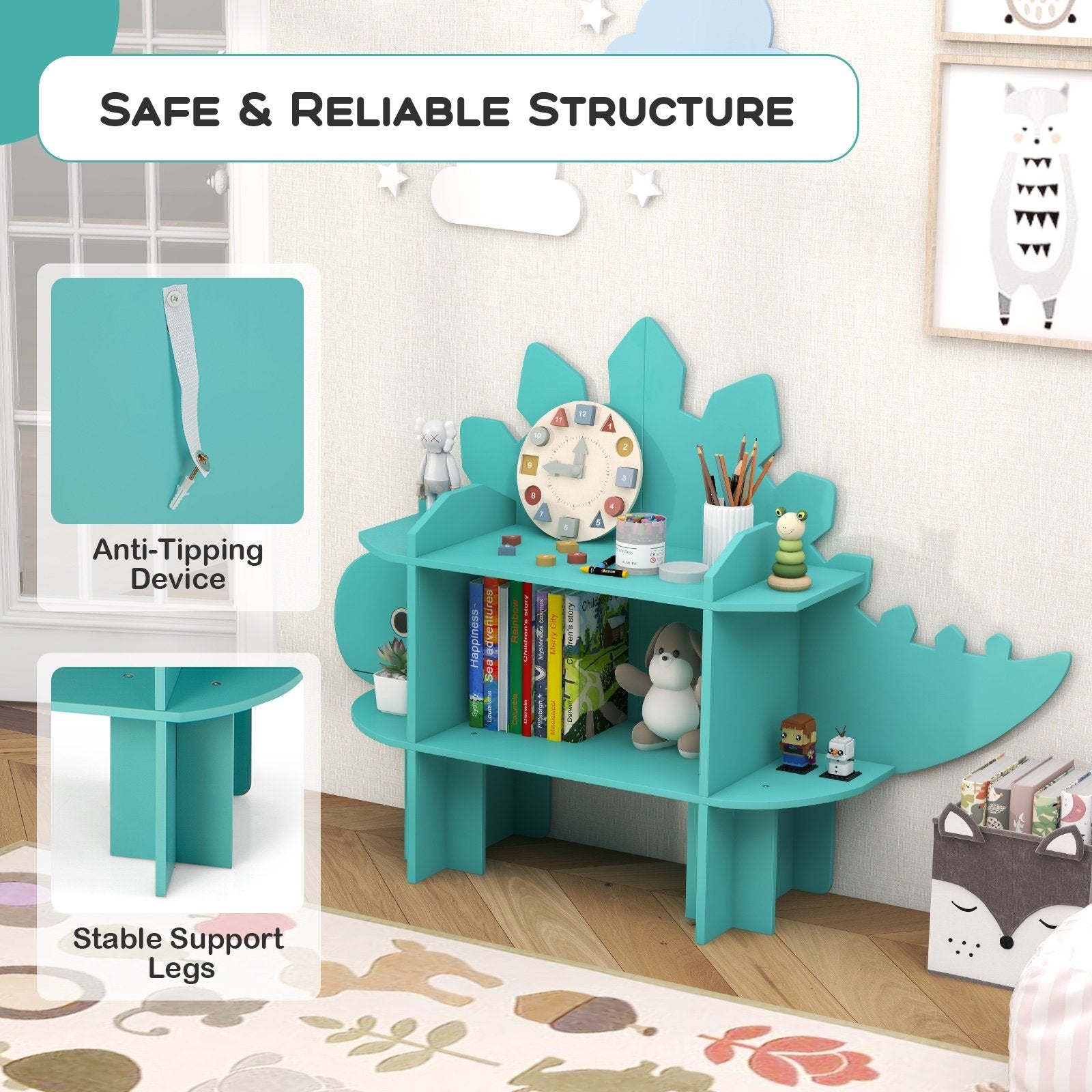 Kids Bookcase Shelf Toy Storage Organizer with Open Storage Shelves-Dinosaur, Green Kids Storage   at Gallery Canada