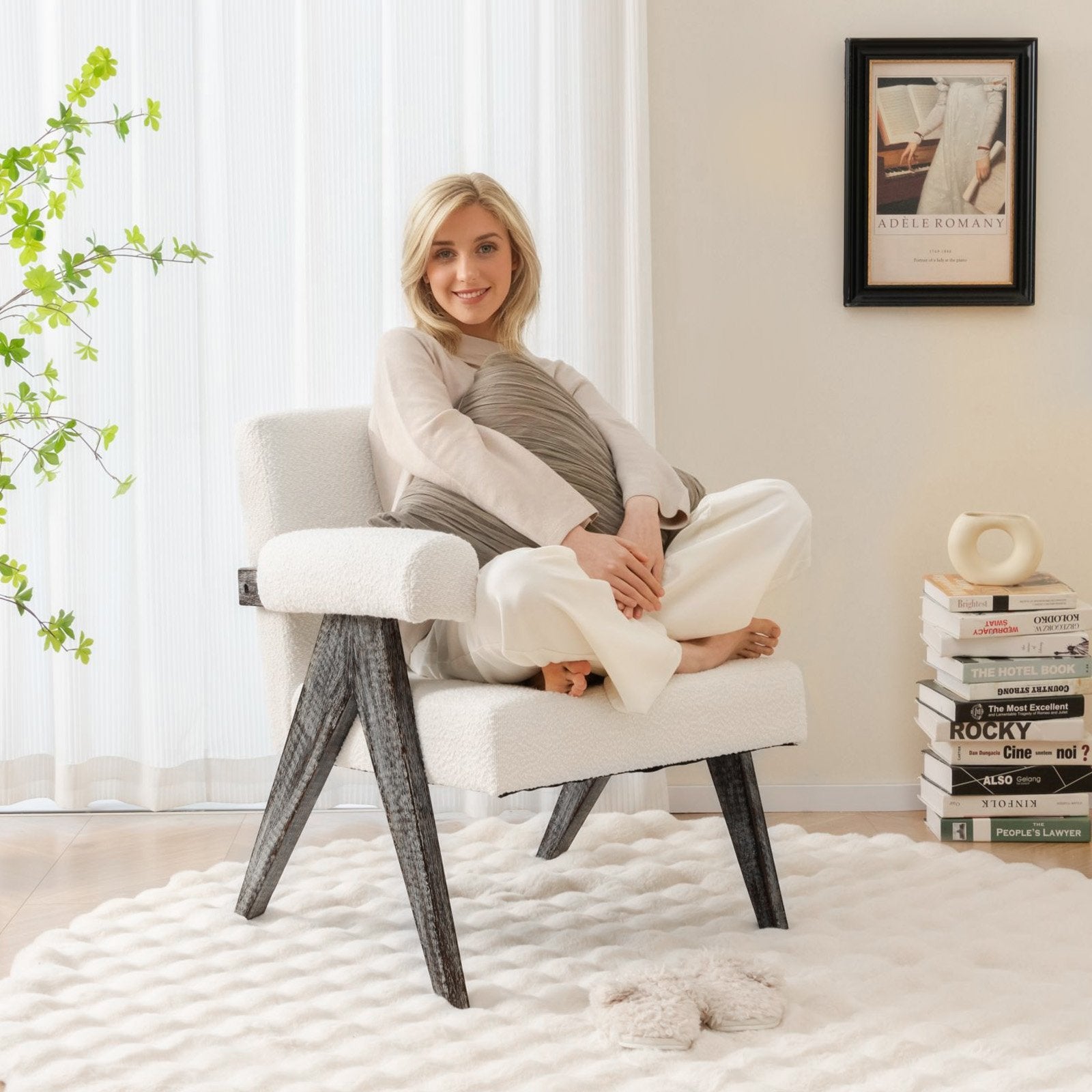 Upholstered Armchair with Natural Rubber Wood Legs and Sponge Padded Seat, White Accent Chairs   at Gallery Canada