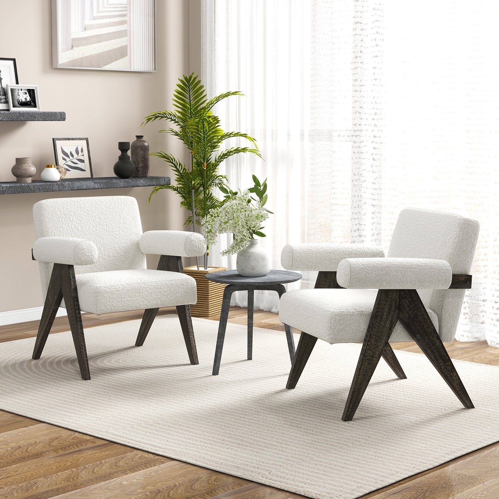 Upholstered Armchair with Natural Rubber Wood Legs and Sponge Padded Seat, White Accent Chairs   at Gallery Canada