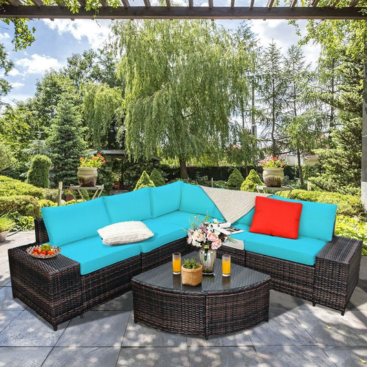 6 Pieces Rattan Furniture Cushioned Sofa Set, Turquoise Outdoor Sectionals   at Gallery Canada