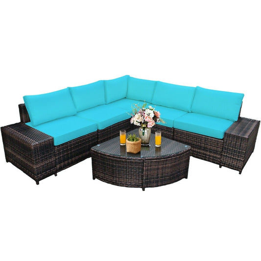 6 Pieces Rattan Furniture Cushioned Sofa Set, Turquoise Outdoor Sectionals   at Gallery Canada