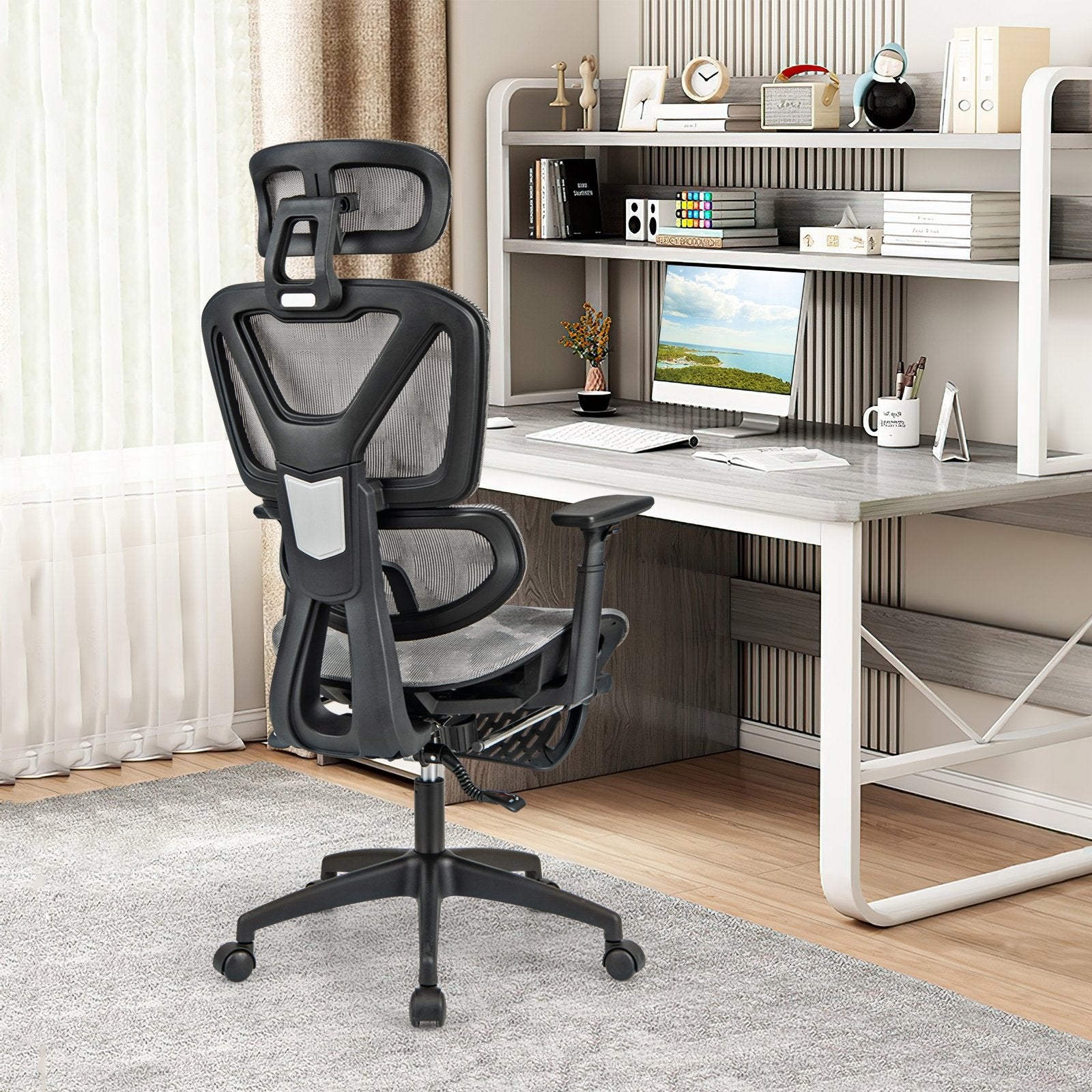 Mesh Office Chair with Tilting Backrest and Retractable Footrest, Gray Mesh Chairs   at Gallery Canada