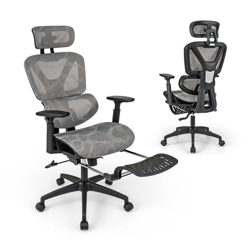 Mesh Office Chair with Tilting Backrest and Retractable Footrest, Gray