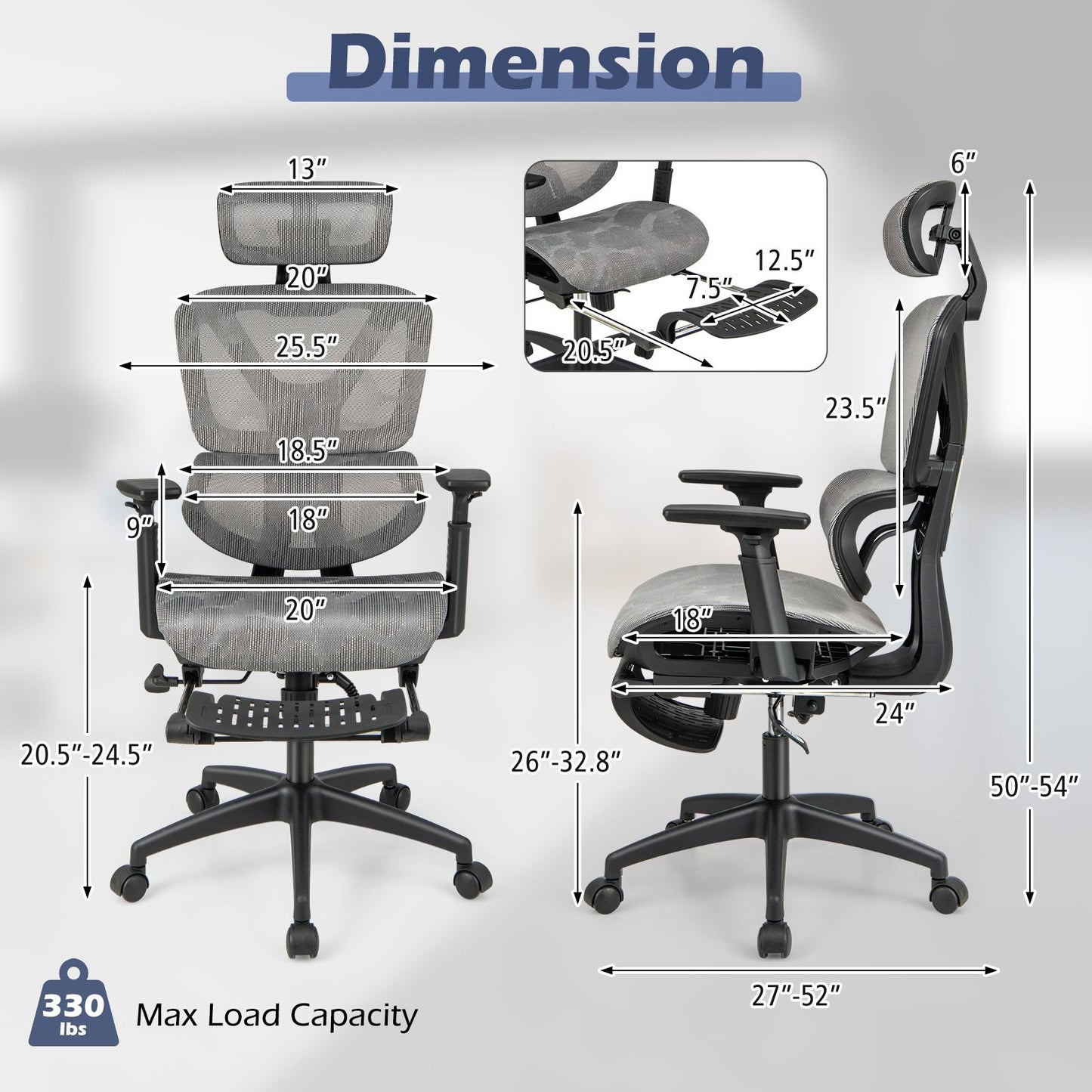 Mesh Office Chair with Tilting Backrest and Retractable Footrest, Gray Mesh Chairs   at Gallery Canada