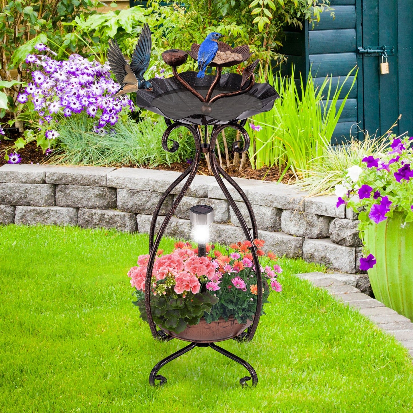 Solar Outdoor Bird Bath Feeder Combo with Flower Planter Pedestal and Solar Lights, Copper Pets   at Gallery Canada