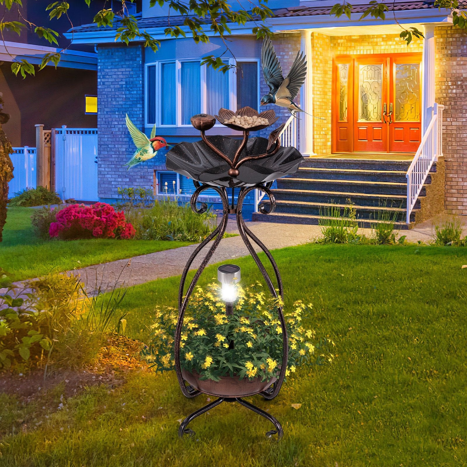 Solar Outdoor Bird Bath Feeder Combo with Flower Planter Pedestal and Solar Lights, Copper Pets   at Gallery Canada