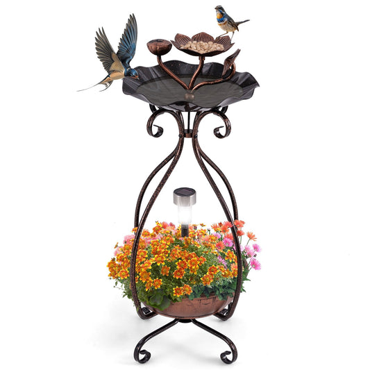 Solar Outdoor Bird Bath Feeder Combo with Flower Planter Pedestal and Solar Lights, Copper Pets   at Gallery Canada