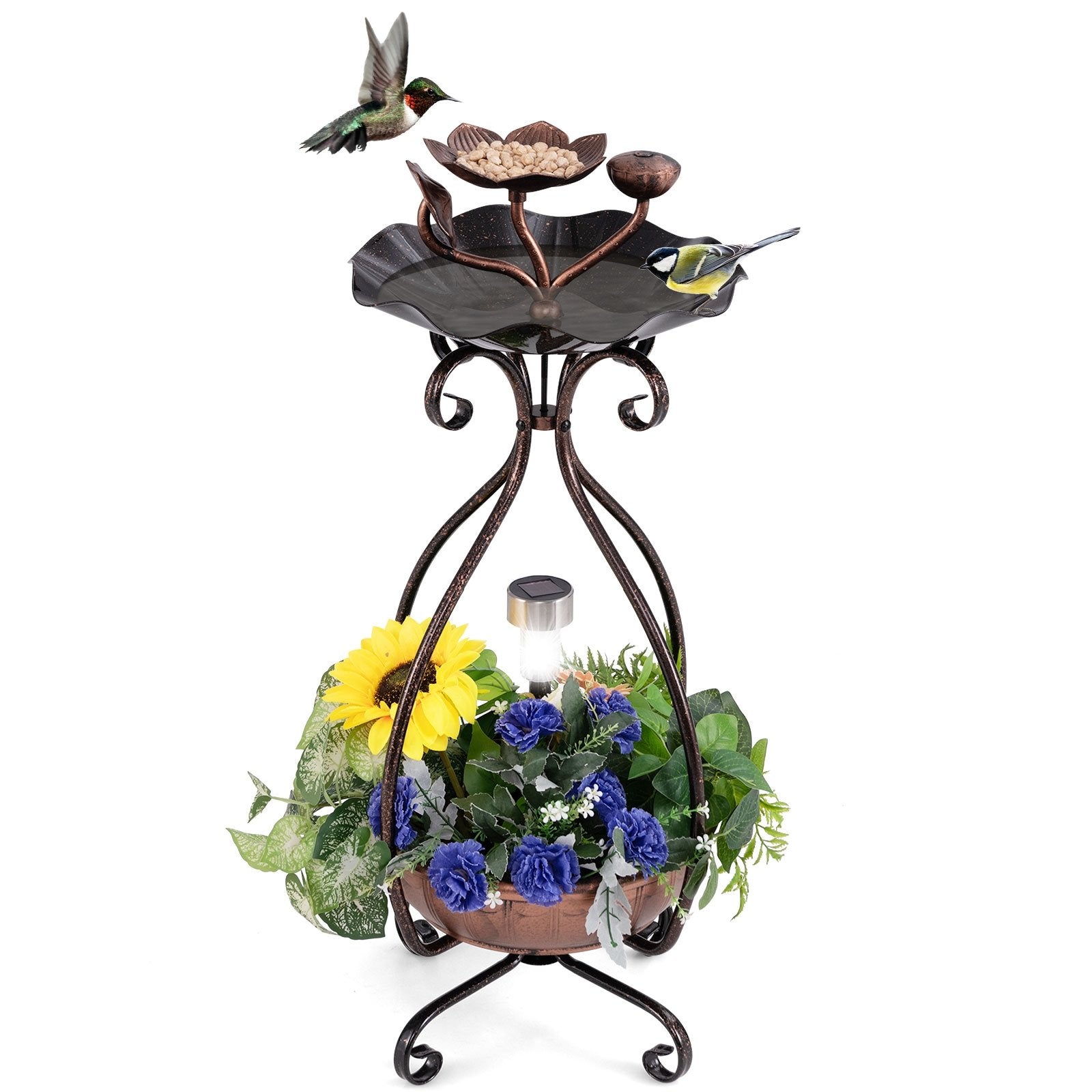 Solar Outdoor Bird Bath Feeder Combo with Flower Planter Pedestal and Solar Lights, Copper Pets   at Gallery Canada