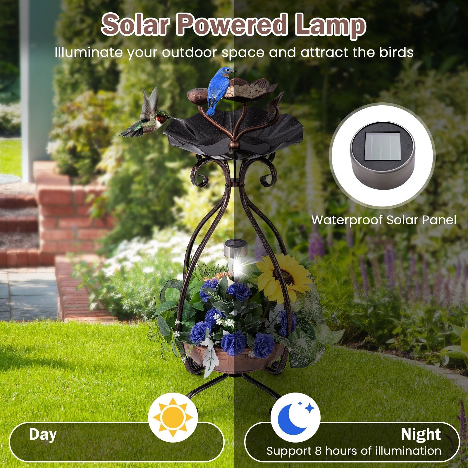 Solar Outdoor Bird Bath Feeder Combo with Flower Planter Pedestal and Solar Lights, Copper Pets   at Gallery Canada