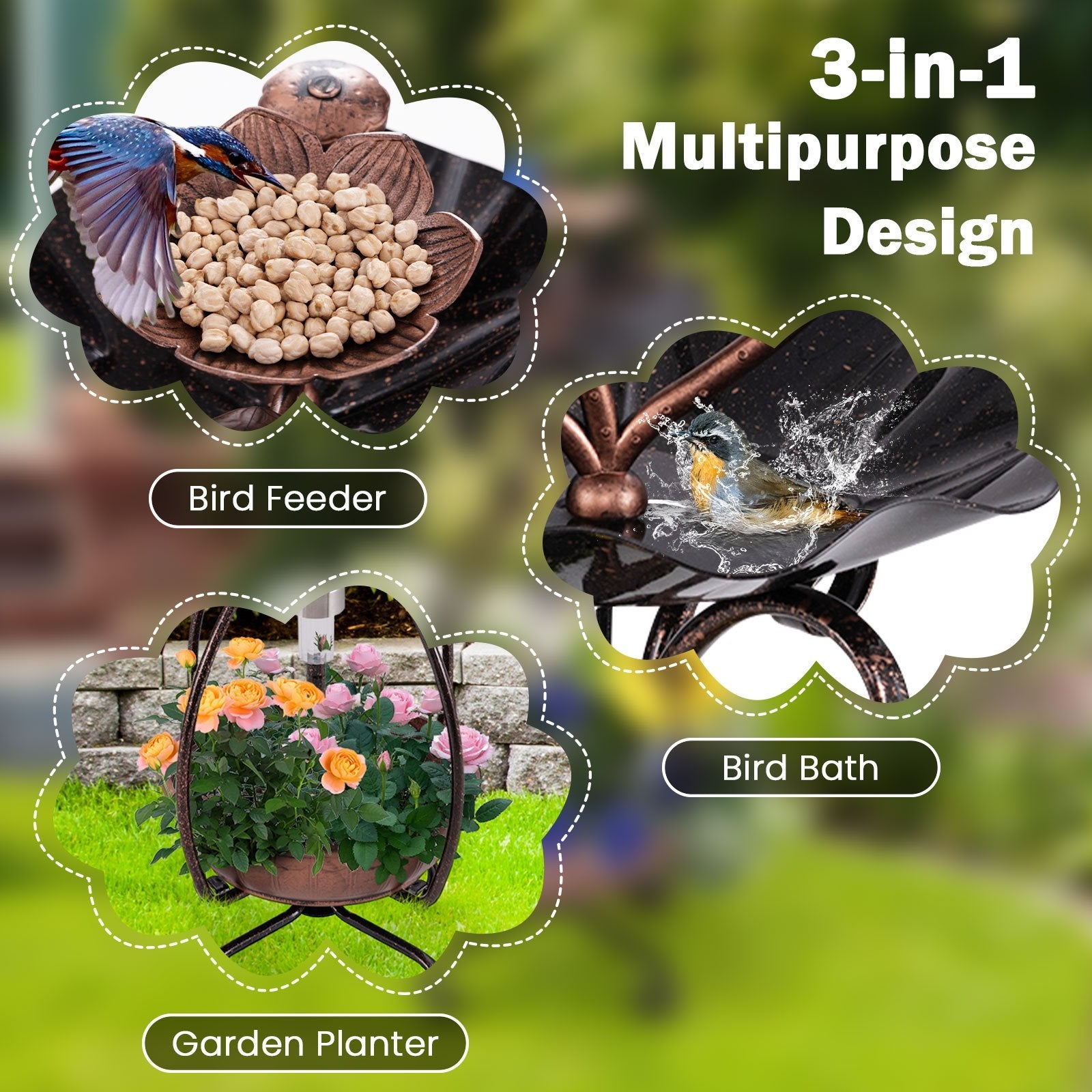 Solar Outdoor Bird Bath Feeder Combo with Flower Planter Pedestal and Solar Lights, Copper Pets   at Gallery Canada