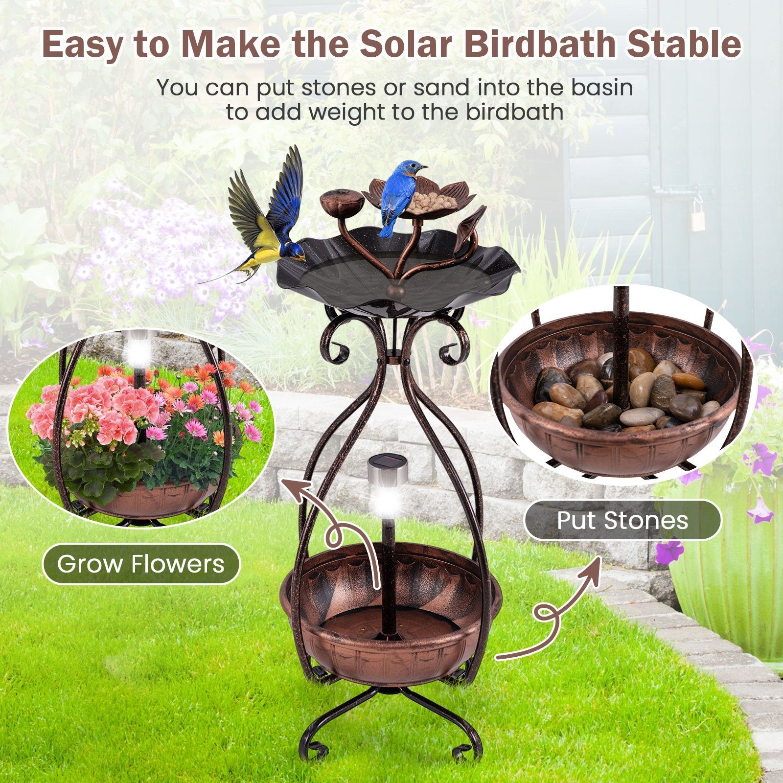 Solar Outdoor Bird Bath Feeder Combo with Flower Planter Pedestal and Solar Lights, Copper Pets   at Gallery Canada