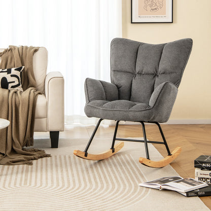 Linen Nursery Rocking Chair with High Backrest and Padded Armrests, Gray Floor Chairs   at Gallery Canada